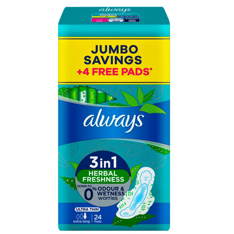 Always Ultra 3in1 Herbal Freshness, Ultra Thin Extra Long With Wings x24