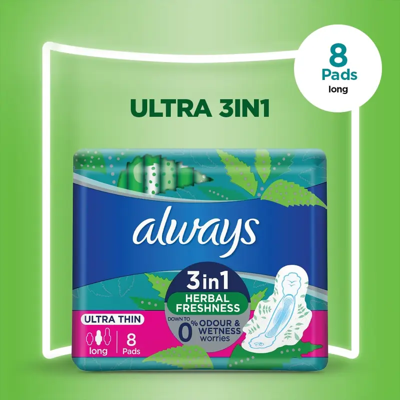 Always Ultra 3in1 Herbal Freshness, Ultra thin, Long Sanitary Pad With Wings, 8 pads