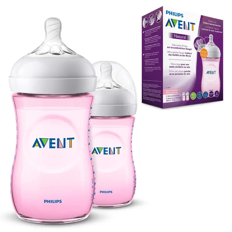 Natural Feeding Bottle 2 Count 260ml, Pink, Translucent