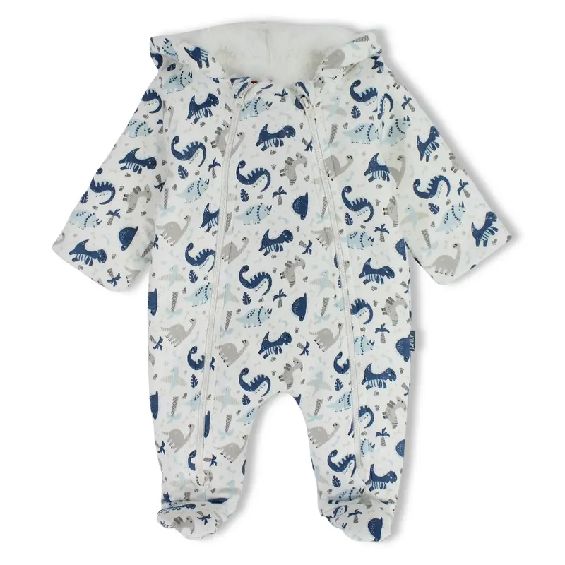 Baby Boys Cotton Hooded Baby Footie  Off-White with Dinosaur Print