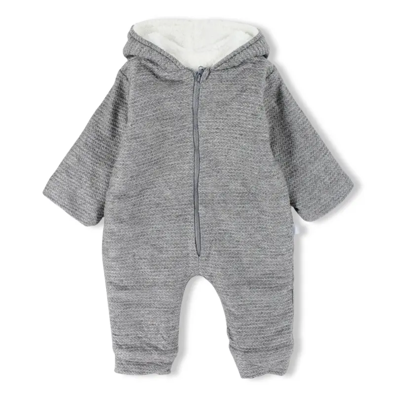 Baby Boys Cotton Hooded Footless Onesie  Grey with Bear Ears Design