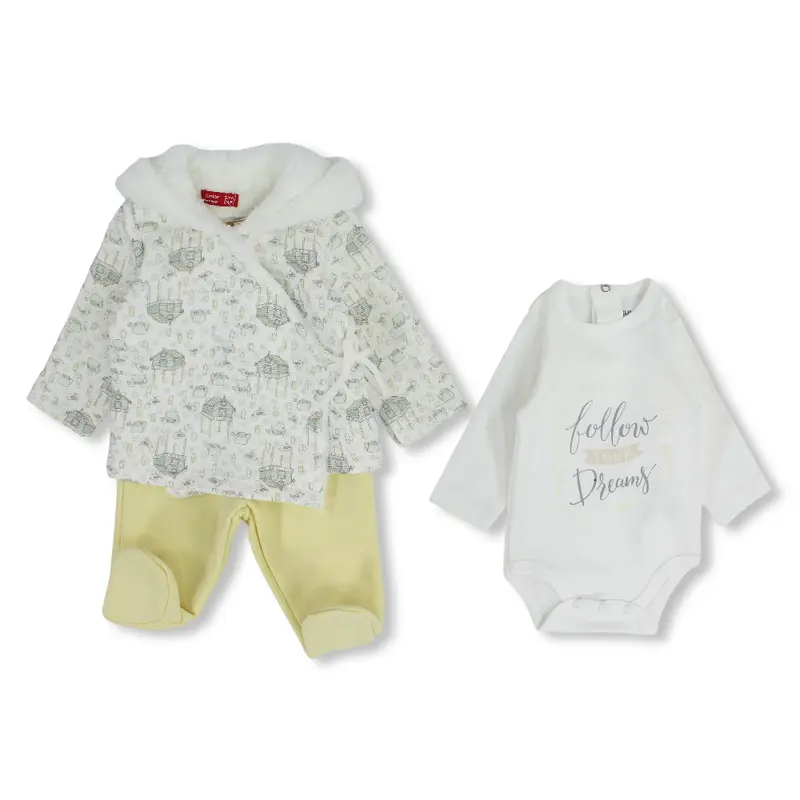 Baby Girls 3-Piece Cotton Pajama Set  Off-White with Teapots and Birds Design