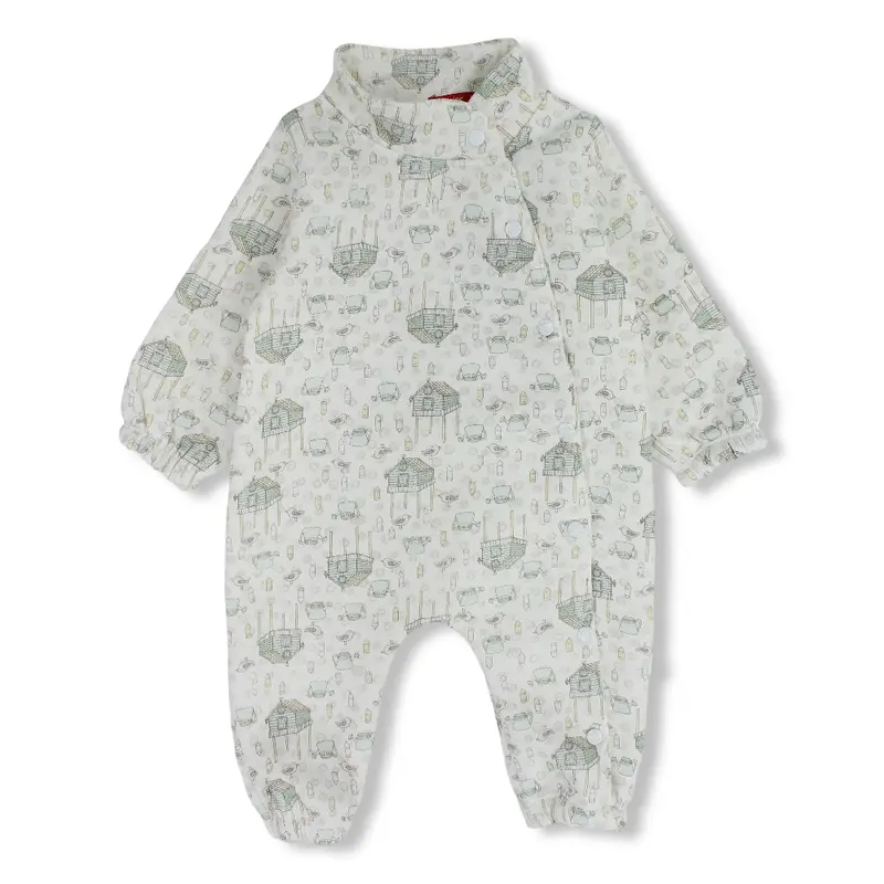 Baby Girls Cotton Footless Onesie  Off-White with Birds and Teapots Print
