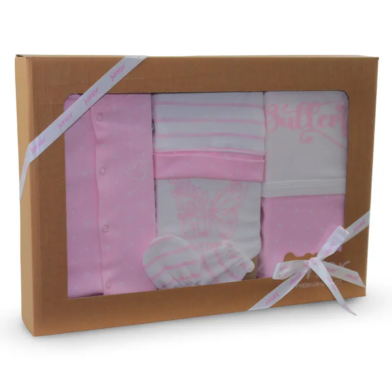 Baby Girls Cotton Gift Box  Pink with Butterfly Design (5 Pcs)