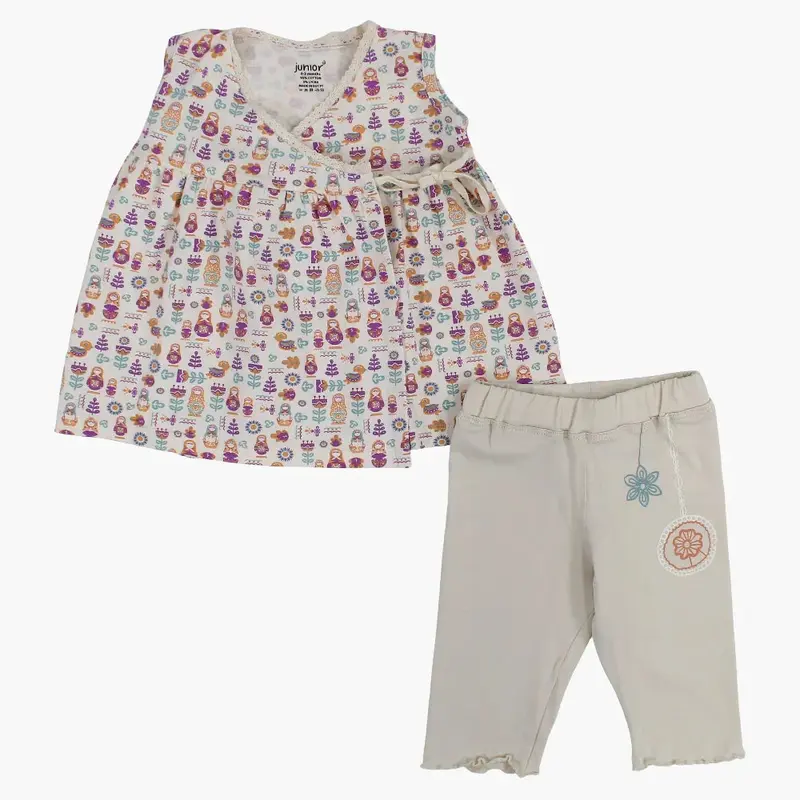 Baby Girls Cotton Pajama Set  Beige with Floral Print