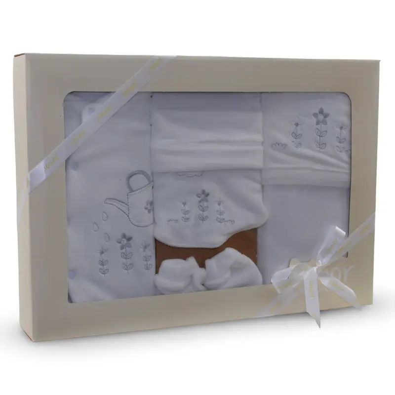 Baby Girls Velvet Gift Box  White with Flowers Design (5 Pcs)