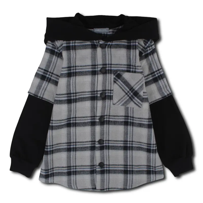 Boys Wool Hooded Shirt  Checkered Black