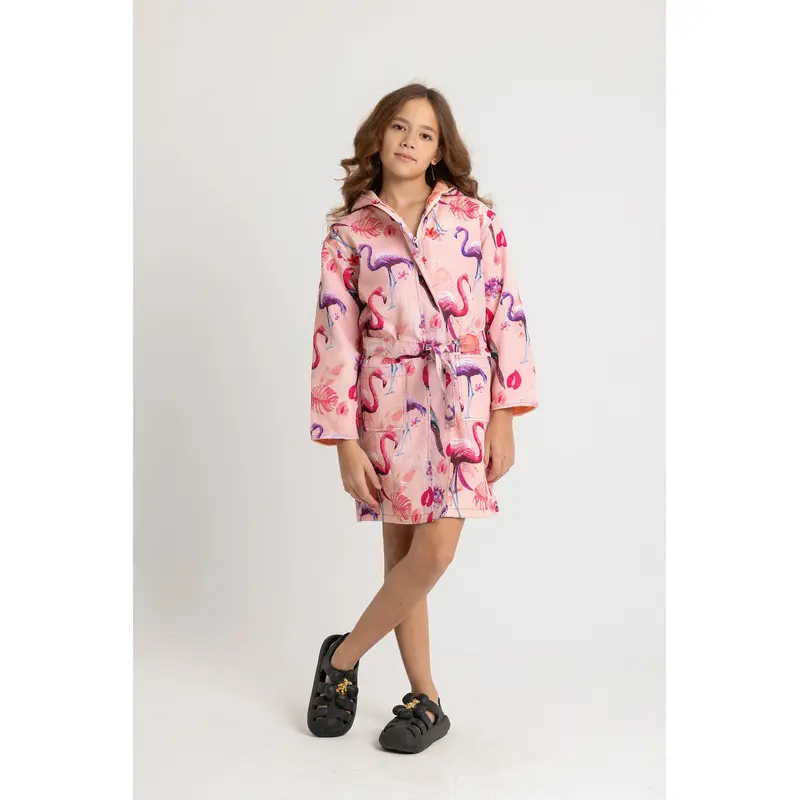 Girls Waterproof Swim Robe  Salmon with Flamingo Print