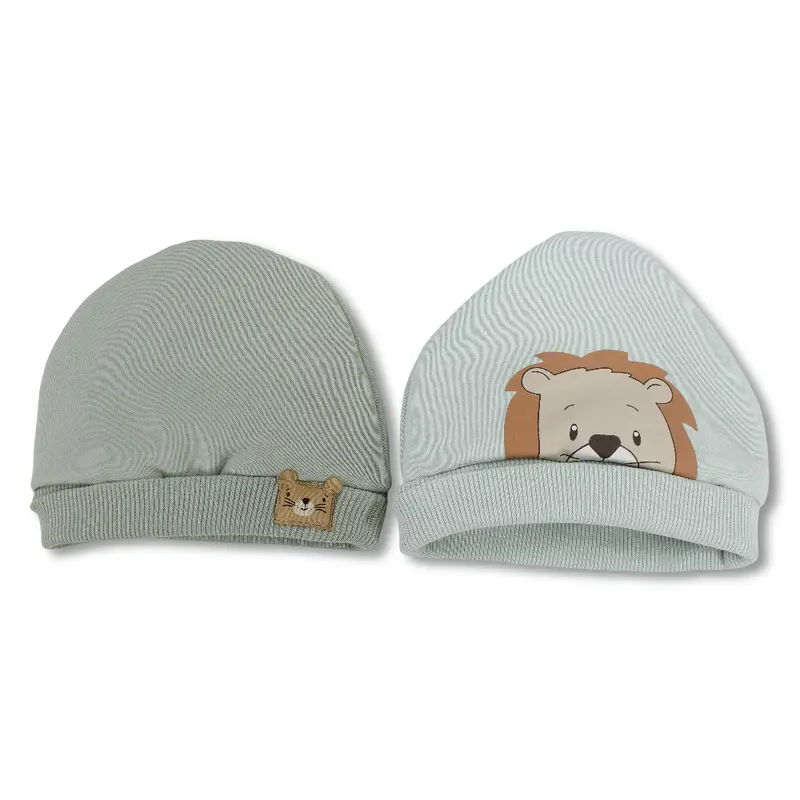Baby Boys Cotton Beanie Set  Aqua/Mint with Lion Design (Pack of 2)