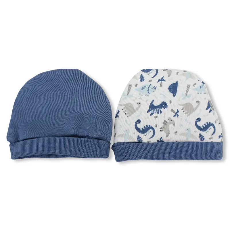 Baby Boys Cotton Beanie Set  Indigo & Off-White/Blue with Dinosaur Design (Pack of 2)