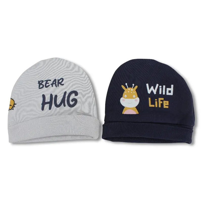 Baby Boys Cotton Beanie Set  Navy/Grey with Bear Hug and Wild Life Design (Pack of 2)