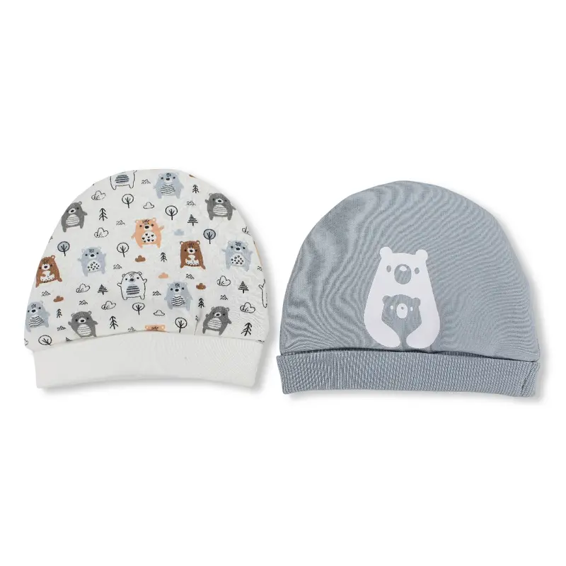 Baby Boys Cotton Beanie Set  Off-white/ Grey with Bear Design (Pack of 2)