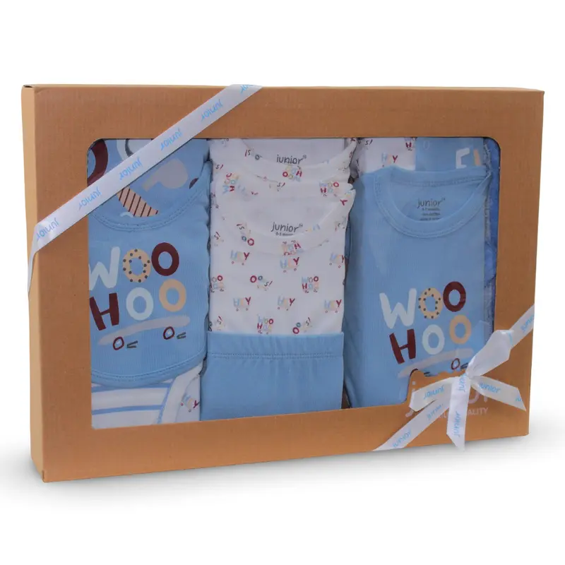 Baby Boys Cotton Gift Box  Baby Blue with Woo Hoo Design (10 Pcs)