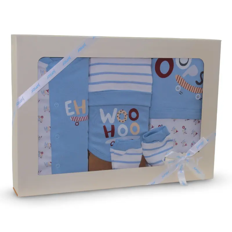 Baby Boys Cotton Gift Box  Baby Blue with Woo Hoo Design (5 Pcs)