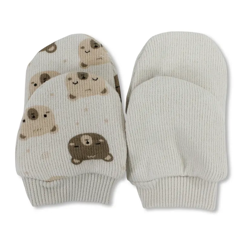 Baby Boys Cotton Hand Mittens Set  Beige with Bear Print (Pack of 2)