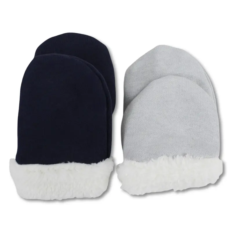 Baby Boys Cotton Hand Mittens Set  Navy/Grey with Soft Fur Trim (Pack of 2)