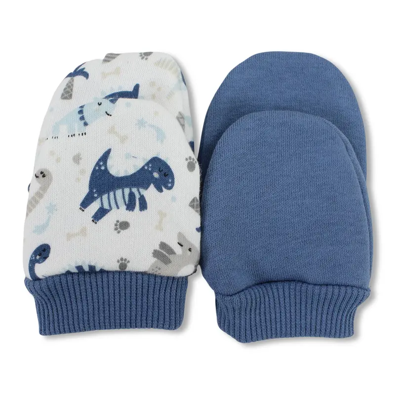 Baby Boys Cotton Hand Mittens Set  Off-White/Blue with Dinosaur Design (Pack of 2)