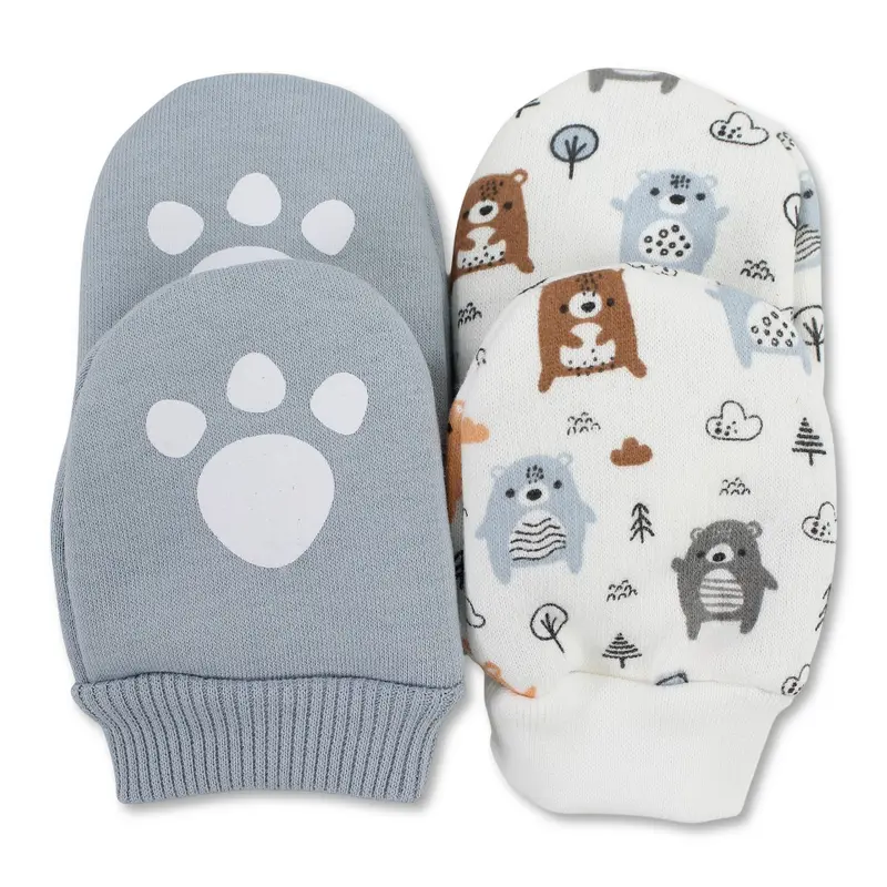 Baby Boys Cotton Hand Mittens Set  Off-White/Grey with Bear & Paw Design (Pack of 2)