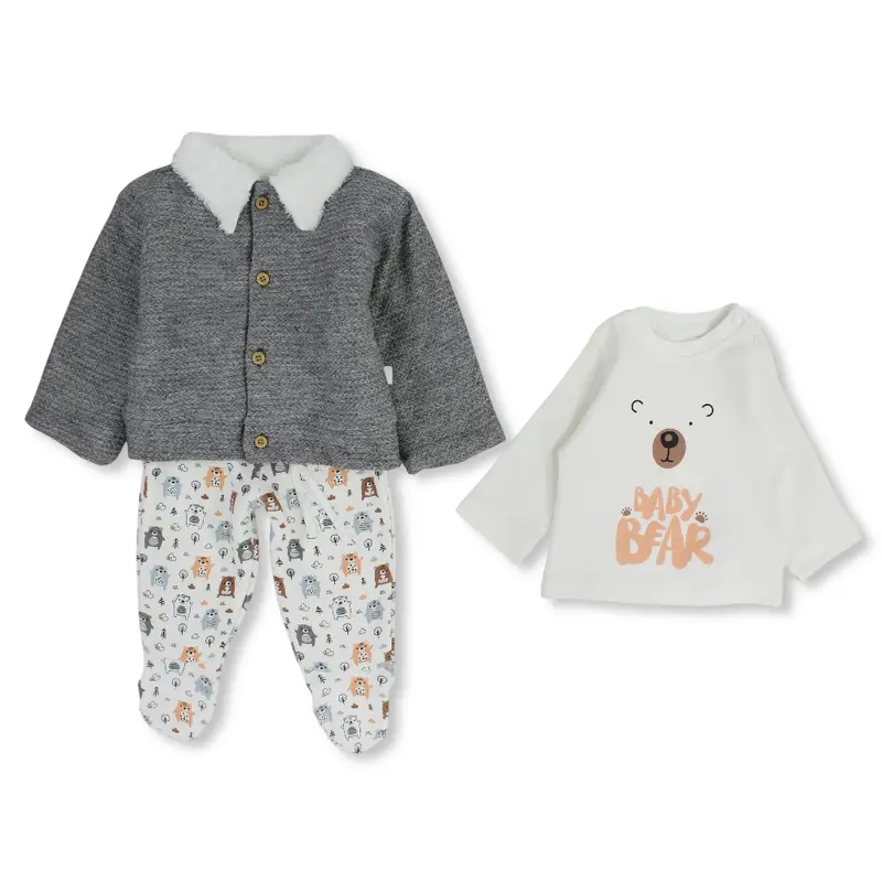 Baby Boys Cotton Pajama Set Grey with Bear Design (3 Pieces)