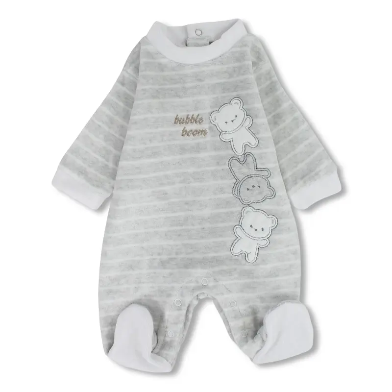 Baby Boys Velvet Baby Footie  Grey with Teddy Bears Design