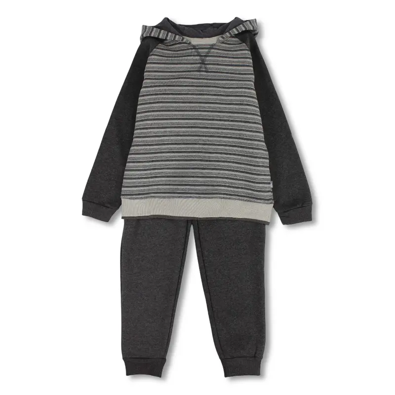 Boys Cotton Hooded Pajama Set  Grey with Stripes Design