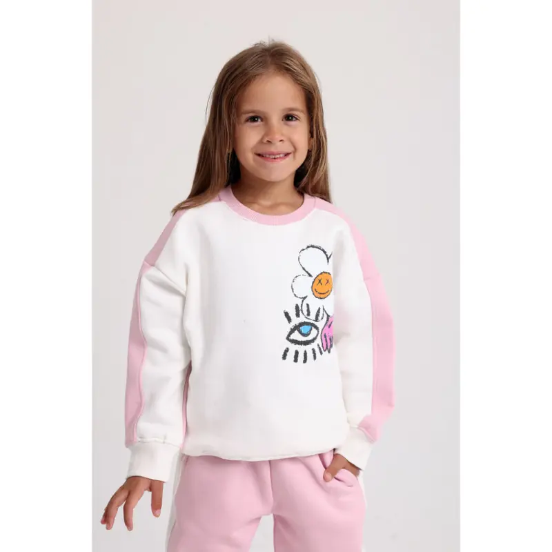 Girls Cotton Sweatshirt  Off-White & Pink with Flowers Print