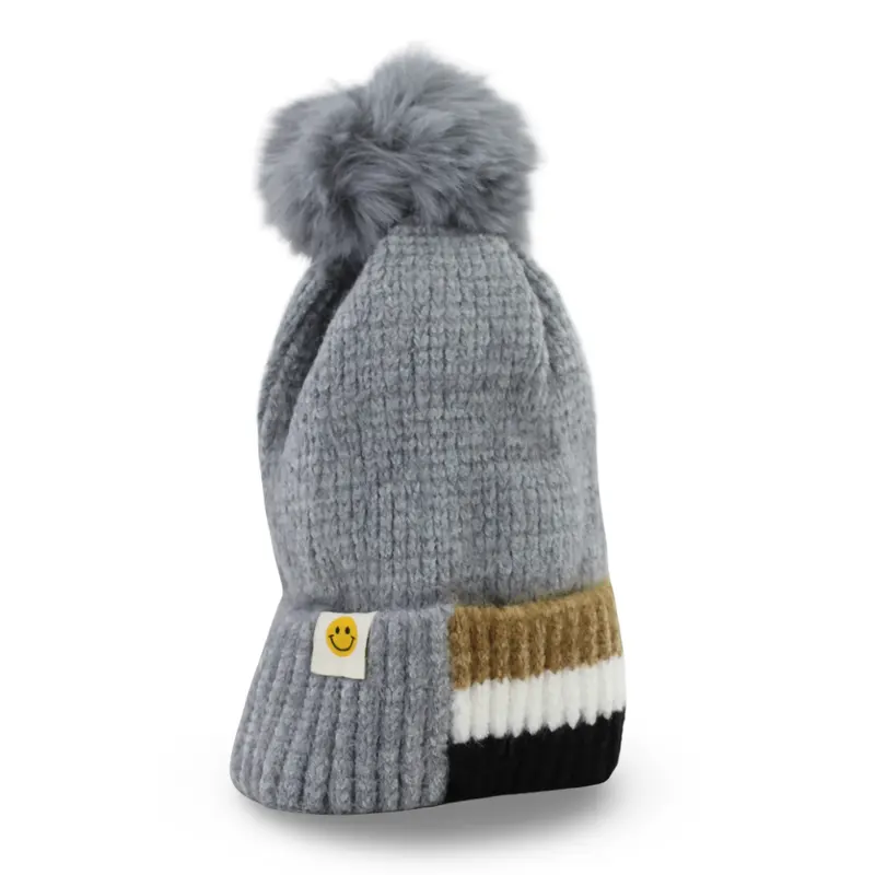 Unisex Knitted Beanie  Grey with Pom Pom and Smile Patch