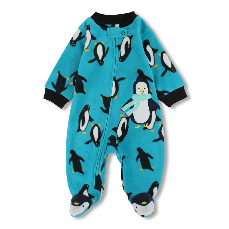 Baby Boys Fleeced Baby Footie  Turquoise with Penguin Print