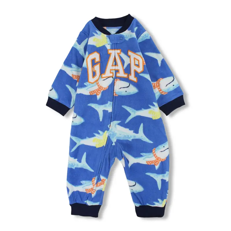 Baby Boys Fleeced Footless Onesie  Blue with Sharks Design