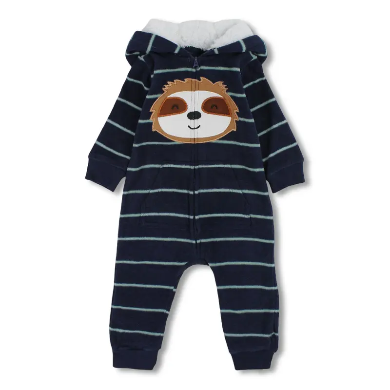 Baby Boys Fleeced Hoioded Footless Onesie  Navy with Sloth Face Design