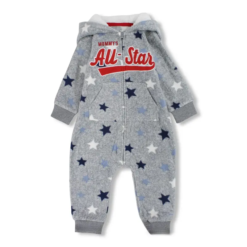 Baby Boys Fleeced Hooded Footless Onesie  Grey with All-Star Print