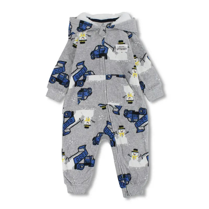 Baby Boys Fleeced Hooded Footless Onesie  Grey with Tractors Print