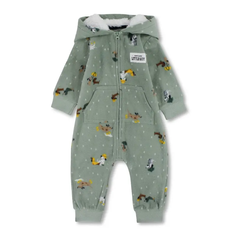 Baby Boys Fleeced Hooded Footless Onesie  Mint with Dogs Print