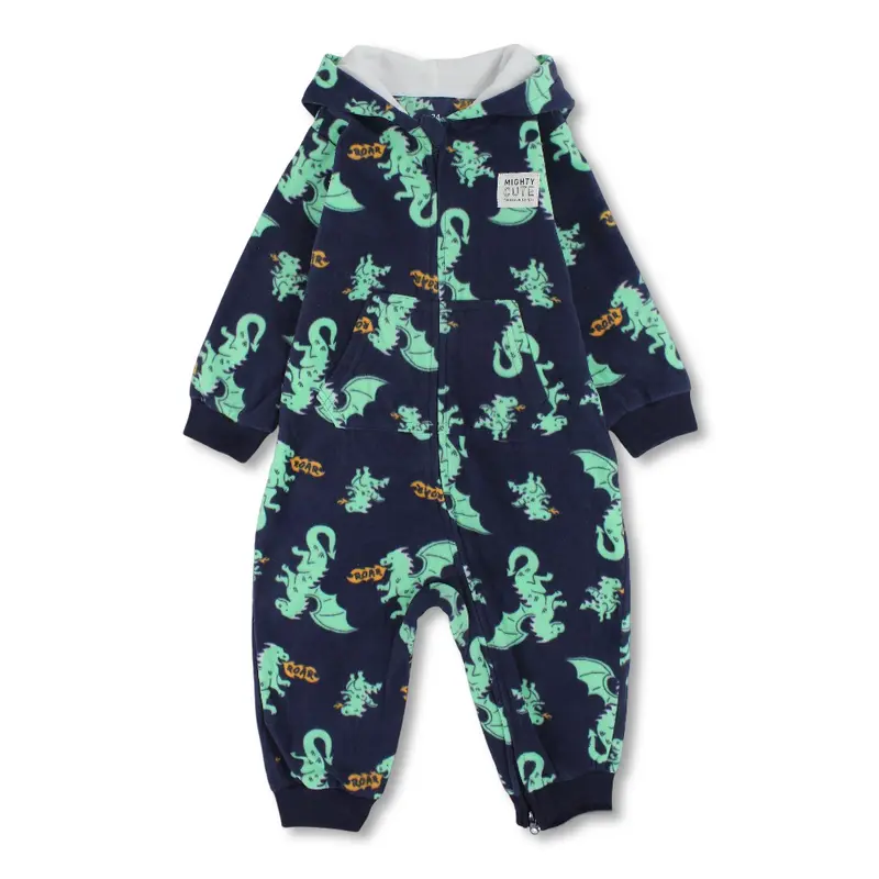 Baby Boys Fleeced Hooded Footless Onesie - Navy with Dragons Print