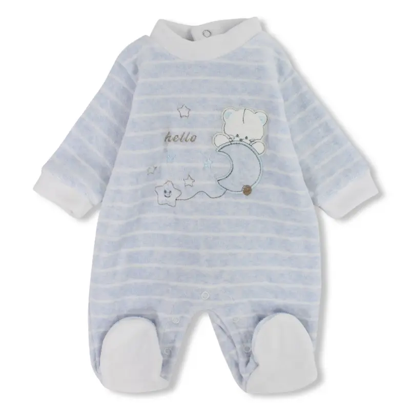 Baby Boys Velvet Baby Footie  Baby Blue with Cute Bear Design
