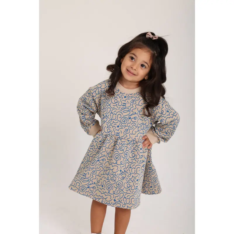 Baby Girls Cotton Dress  Beige with Blue Doodles Print
