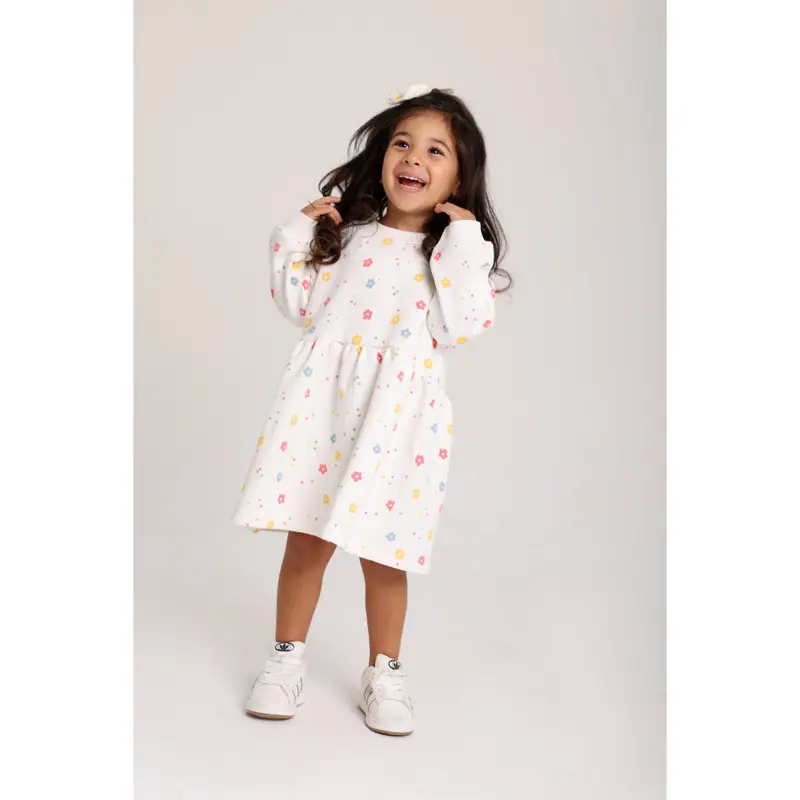 Baby Girls Cotton Dress  Off-White with Flowers Print