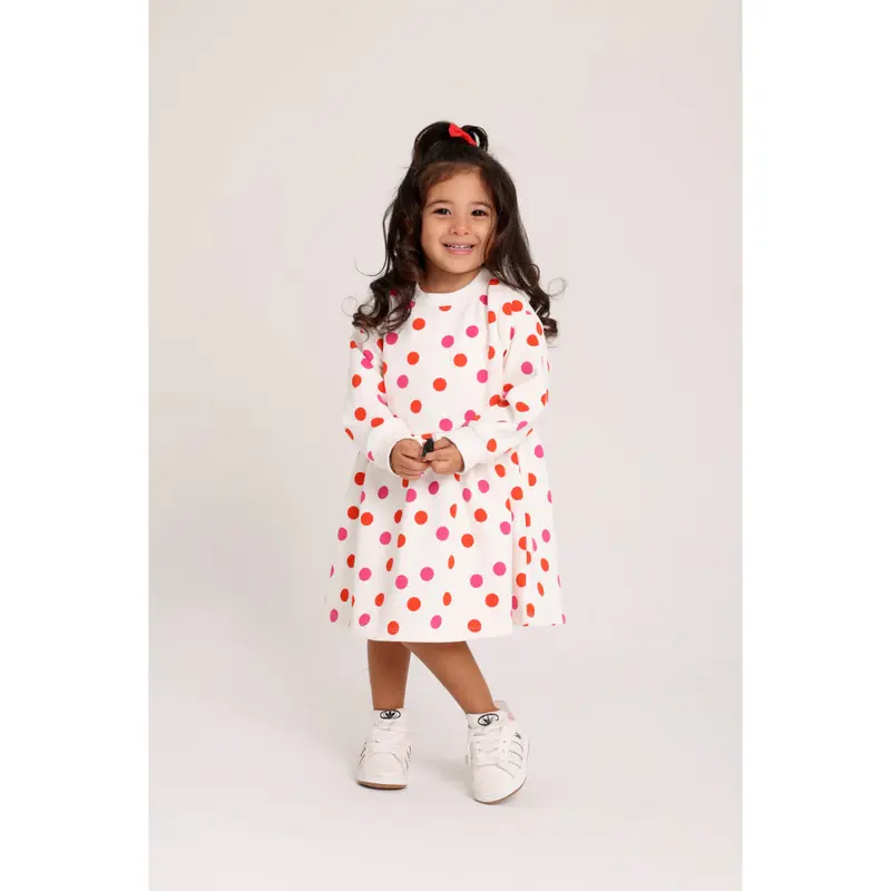 Baby Girls Cotton Dress  Off-White with Polka Dots Print