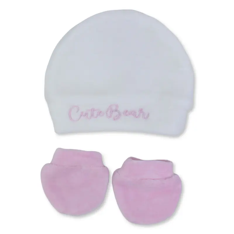 Baby Girls Cotton Soft Newborn Set  Off-White & Pink with "Cute Bear" Design (Beanie + Hand Mittens)