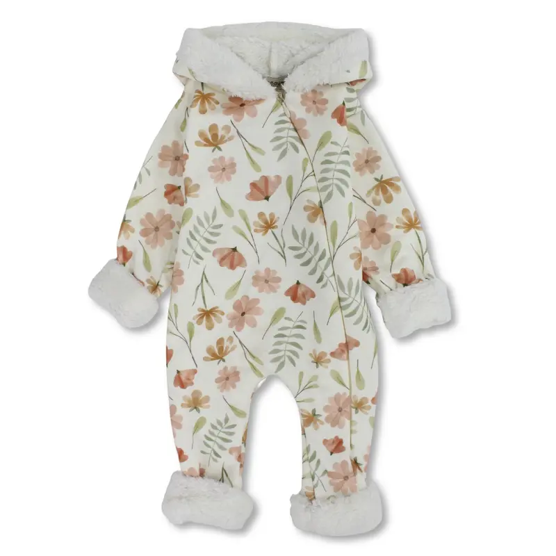 Baby Girls Fleeced Footless Onesie  Off-White with Floral Print