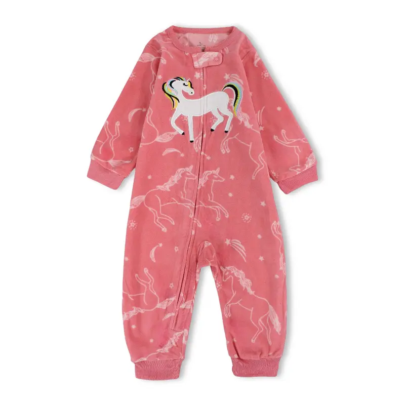 Baby Girls Fleeced Footless Onesie  Orange with Unicorn Design