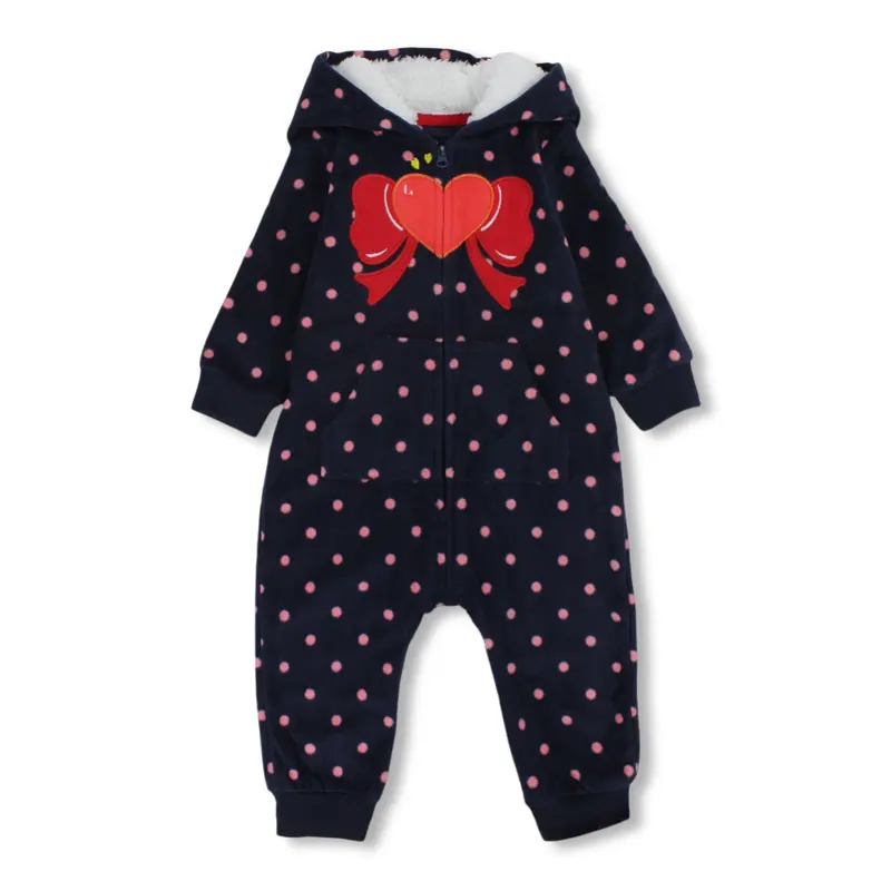 Baby Girls Fleeced Hooded Footless Onesie  Navy with Heart & Bow Print