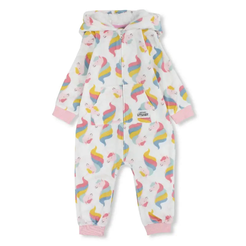Baby Girls Fleeced Hooded Footless Onesie  White with Unicorns Print