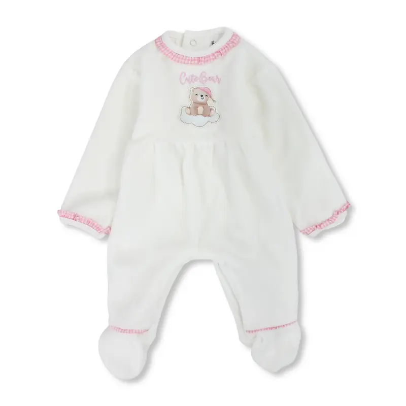 Baby Girls Velvet Baby Footie  Off-White with Cute Bear Design