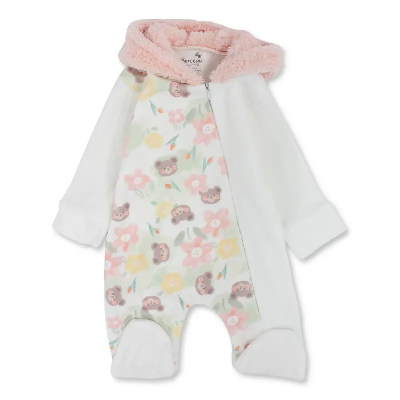 Baby Girls Velvet Hooded Baby Footie  Off-White with Flowers Bear Heads Design