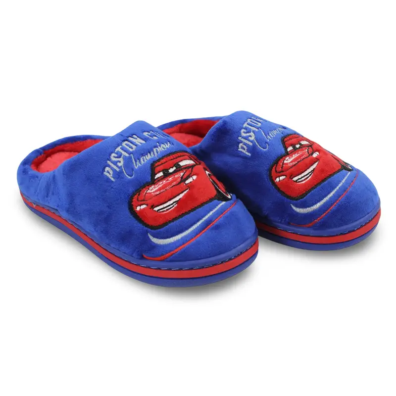 Boys Fur Slippers  Blue with Car Piston Cup Champion Print
