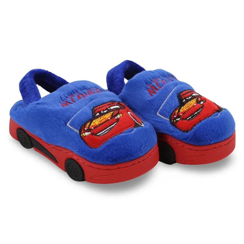 Boys Fur Slippers  Blue with Cars Print