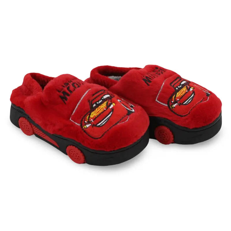 Boys Fur Slippers  Red with Cars Print