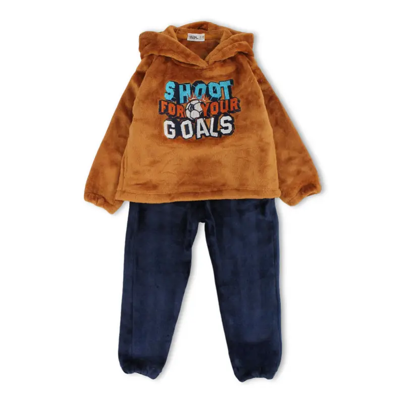 Boys Velvet Pajama Set  Light Brown/Navy with Shoot For Your Goals Design
