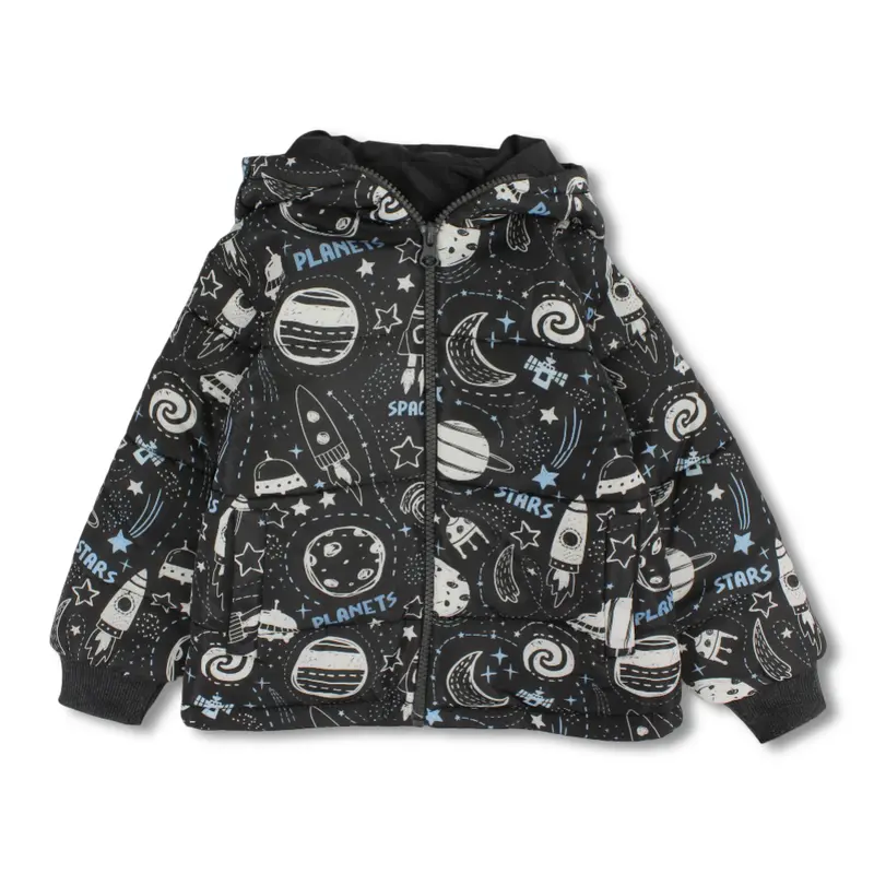 Boys Waterproof Jacket  Black with a Space-Themed Print